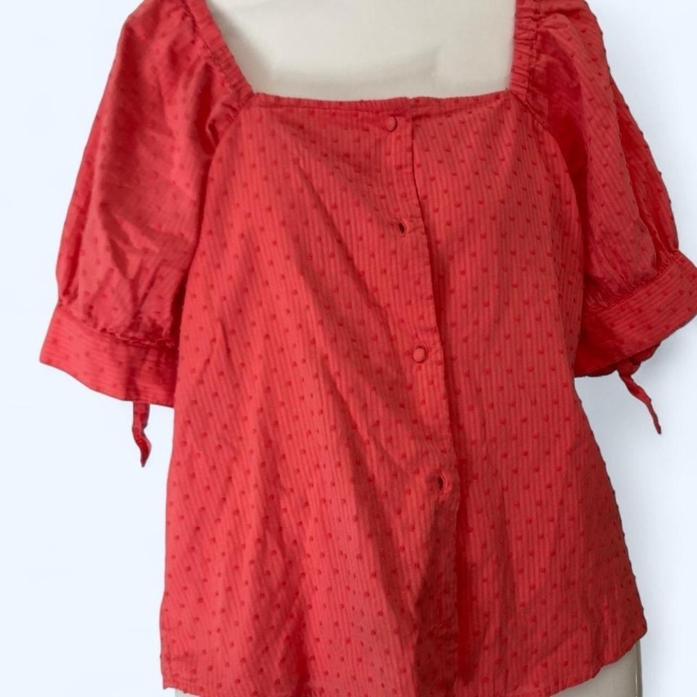 Lauren Conrad Rose Pink Off the puffy shoulder shortsleeve Polkadot blouse XS